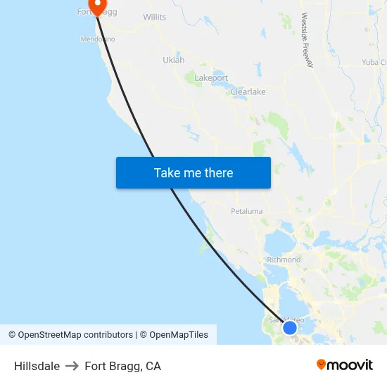 Hillsdale to Fort Bragg, CA map