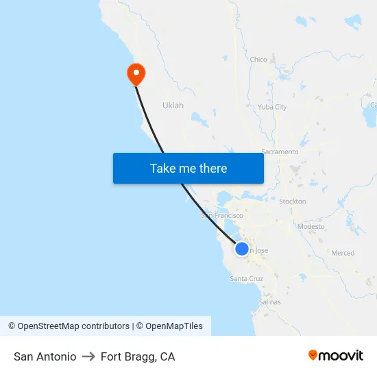 San Antonio to Fort Bragg, CA map