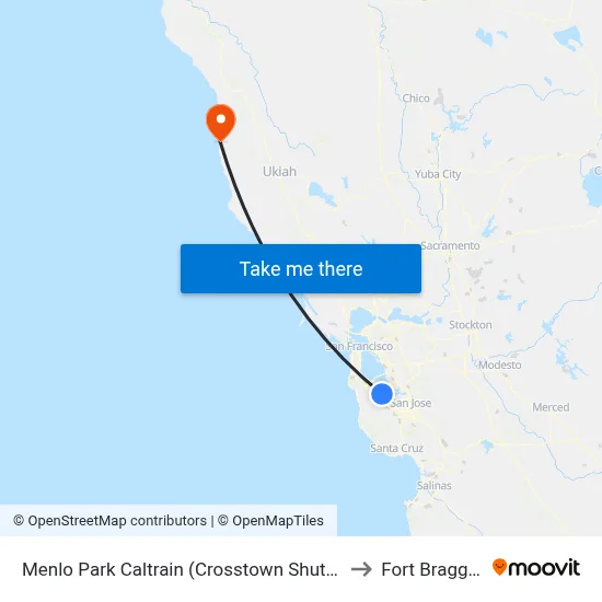 Menlo Park Caltrain (Crosstown Shuttle Stop) to Fort Bragg, CA map