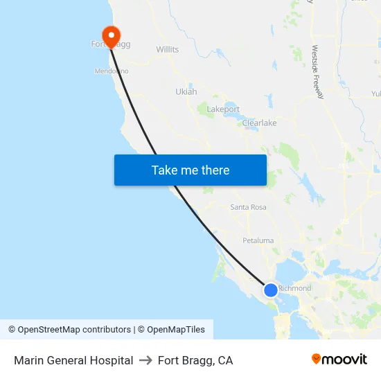 Marin General Hospital to Fort Bragg, CA map