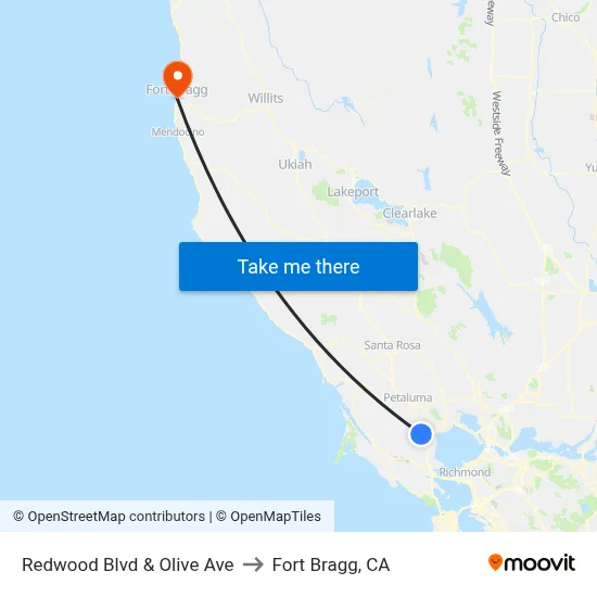 Redwood Blvd & Olive Ave to Fort Bragg, CA map