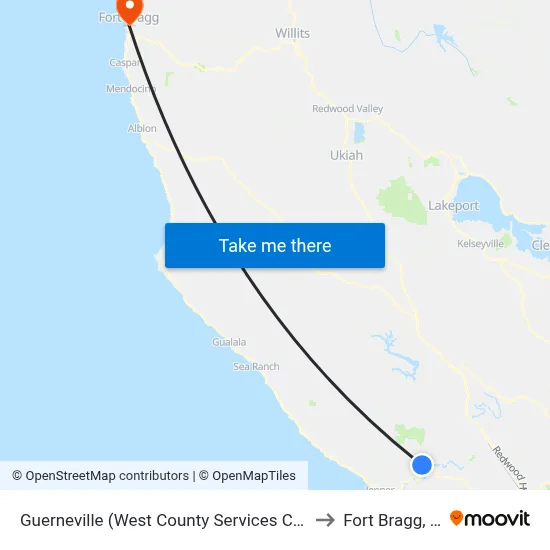 Guerneville (West County Services Center) to Fort Bragg, CA map