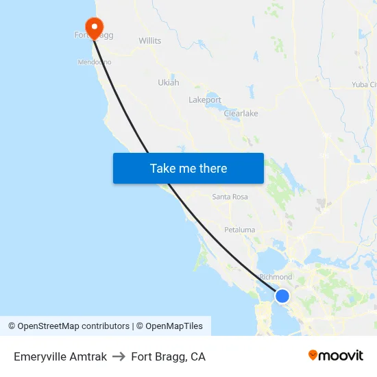 Emeryville Amtrak to Fort Bragg, CA map