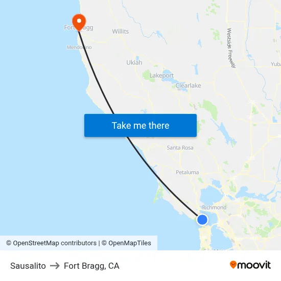 Sausalito to Fort Bragg, CA map