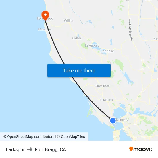 Larkspur to Fort Bragg, CA map