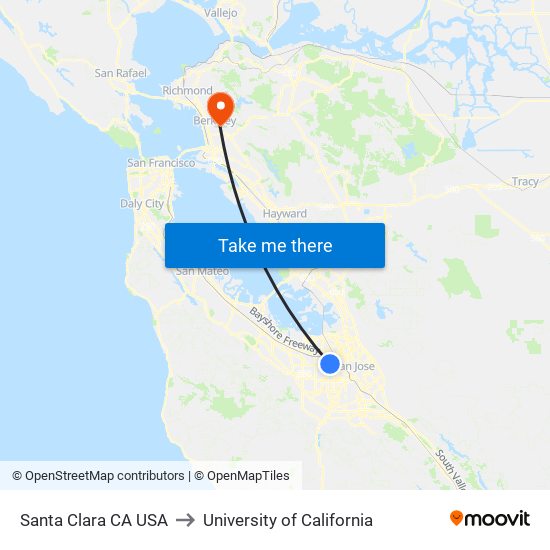 Santa Clara CA USA to University of California map