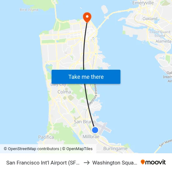 San Francisco Int'l Airport (SFO) to Washington Square map