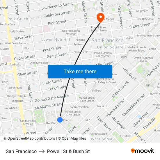 San Francisco to Powell St & Bush St map