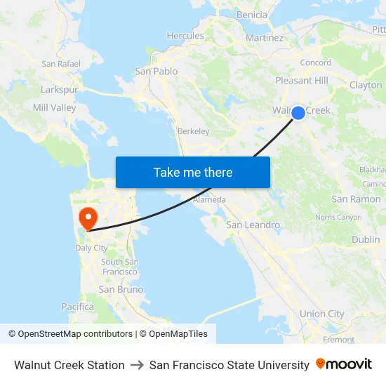 Walnut Creek Station to San Francisco State University map