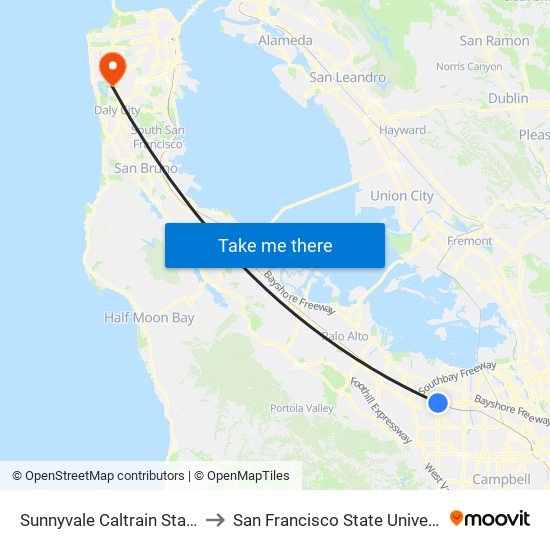 Sunnyvale Caltrain Station to San Francisco State University map