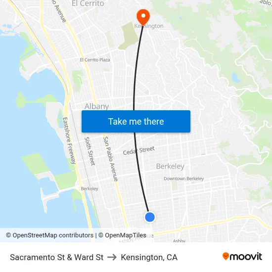 Sacramento St & Ward St to Kensington, CA map