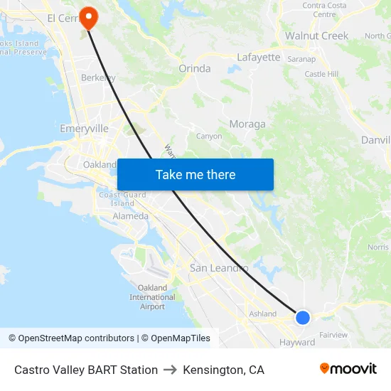 Castro Valley BART Station to Kensington, CA map