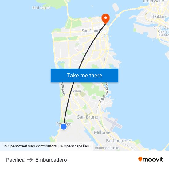 Pacifica to Embarcadero map
