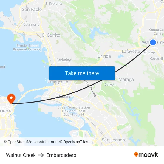 Walnut Creek to Embarcadero map