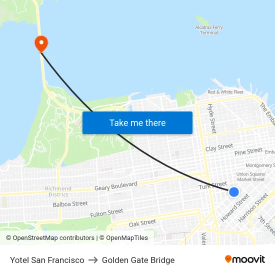 Yotel San Francisco to Golden Gate Bridge map