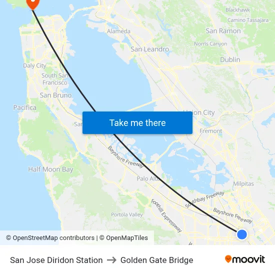 San Jose Diridon Station to Golden Gate Bridge map