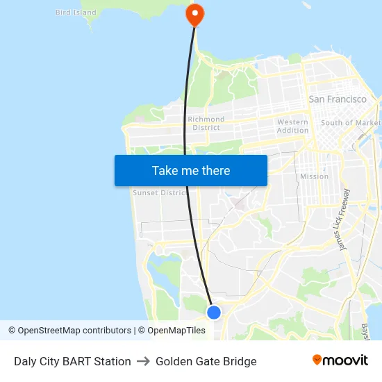 Daly City BART Station to Golden Gate Bridge map