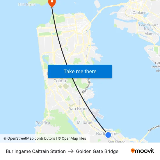 Burlingame Caltrain Station to Golden Gate Bridge map