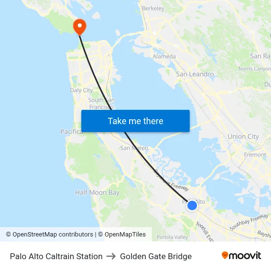 Palo Alto Caltrain Station to Golden Gate Bridge map