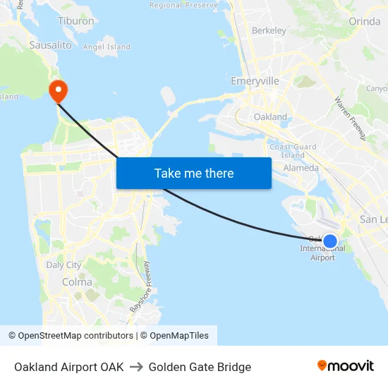 Oakland Airport OAK to Golden Gate Bridge map