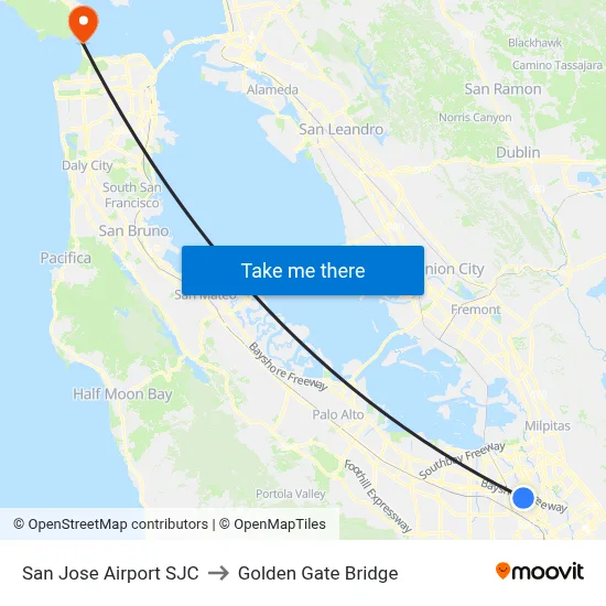 San Jose Airport SJC to Golden Gate Bridge map