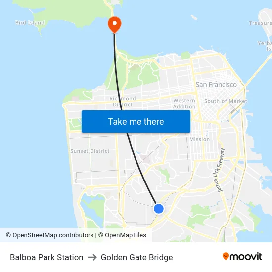 Balboa Park Station to Golden Gate Bridge map