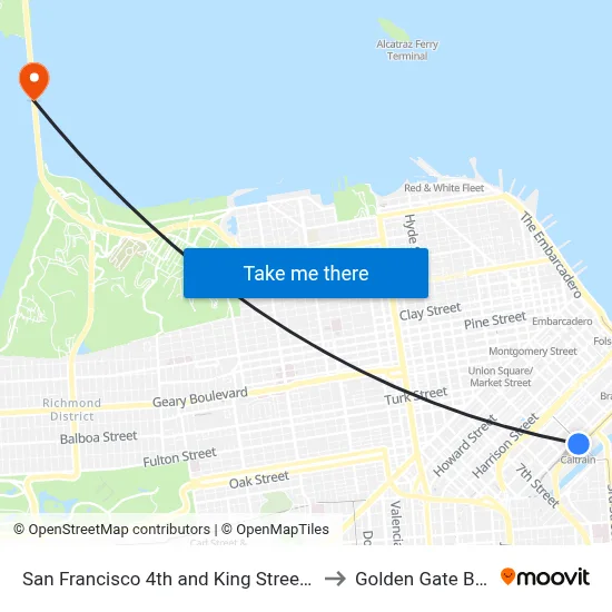 San Francisco 4th and King Street Station to Golden Gate Bridge map