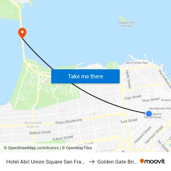 Hotel Abri Union Square San Francisco to Golden Gate Bridge map