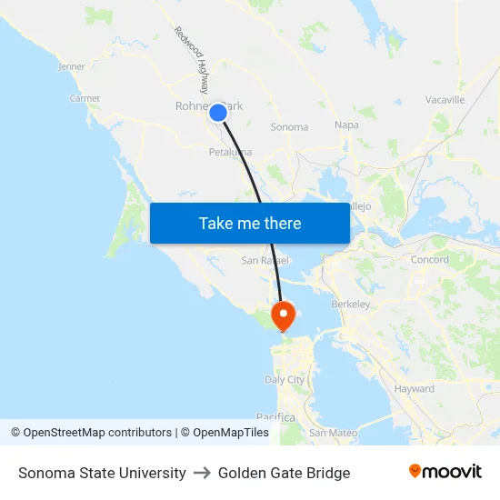 Sonoma State University to Golden Gate Bridge map