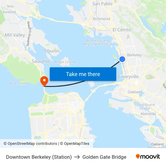 Downtown Berkeley (Station) to Golden Gate Bridge map