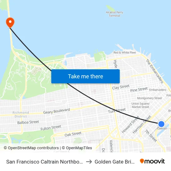San Francisco Caltrain Northbound to Golden Gate Bridge map