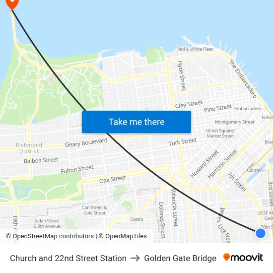 Church and 22nd Street Station to Golden Gate Bridge map