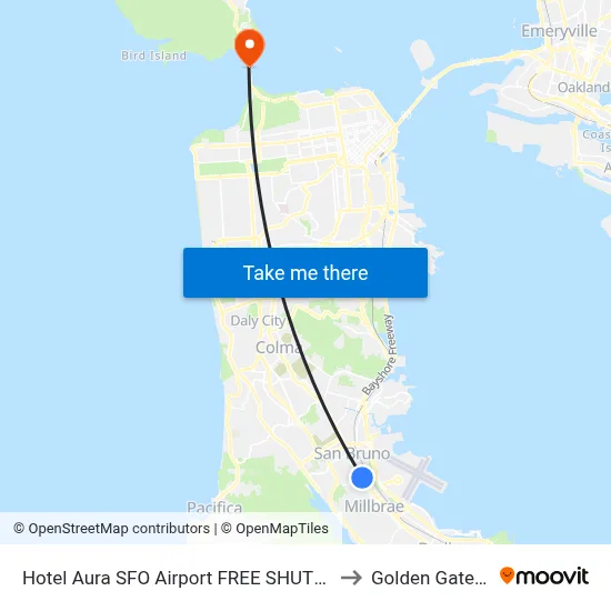 Hotel Aura SFO Airport FREE SHUTTLE, San Bruno to Golden Gate Bridge map