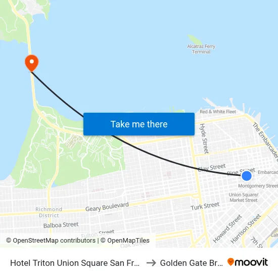 Hotel Triton Union Square San Francisco to Golden Gate Bridge map