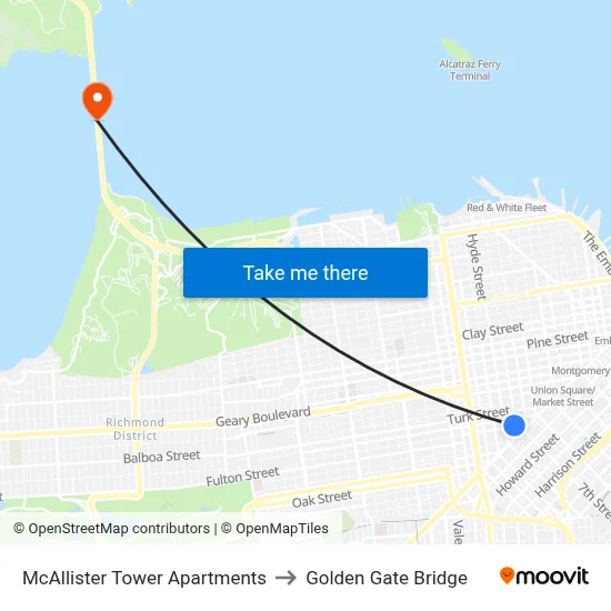 McAllister Tower Apartments to Golden Gate Bridge map