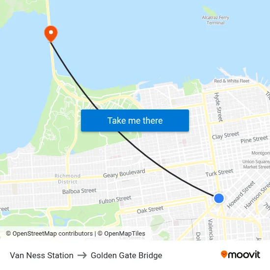Van Ness Station to Golden Gate Bridge map