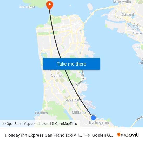 Holiday Inn Express San Francisco Airport South Hotel Burlingame to Golden Gate Bridge map
