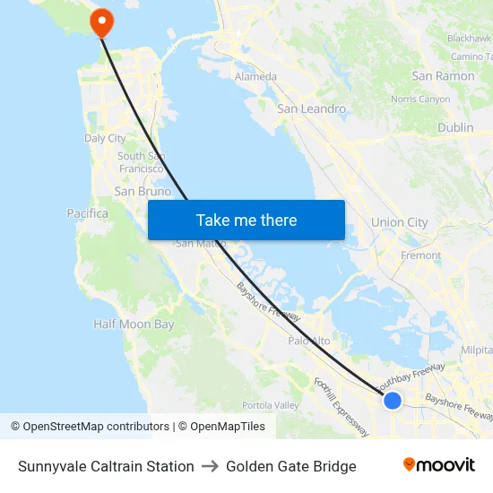 Sunnyvale Caltrain Station to Golden Gate Bridge map