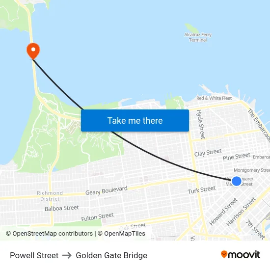 Powell Street to Golden Gate Bridge map