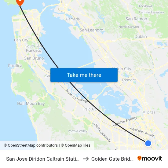 San Jose Diridon Caltrain Station to Golden Gate Bridge map