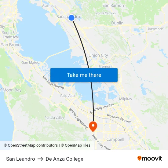 San Leandro to De Anza College map