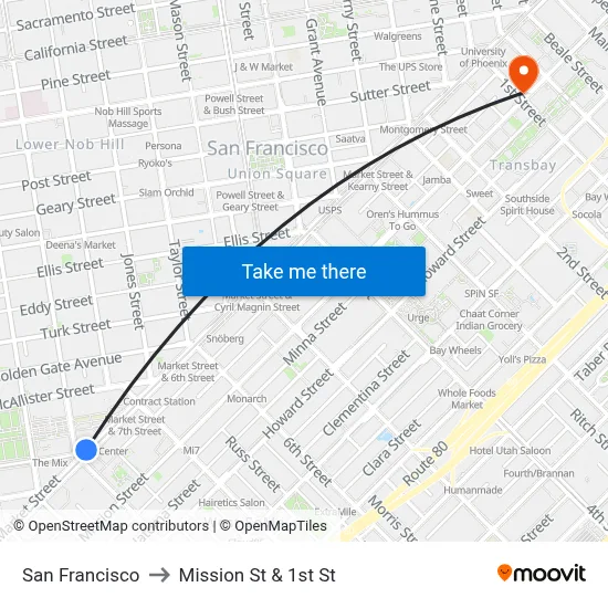 San Francisco to Mission St & 1st St map