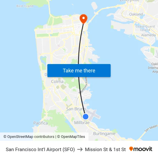 San Francisco Int'l Airport (SFO) to Mission St & 1st St map