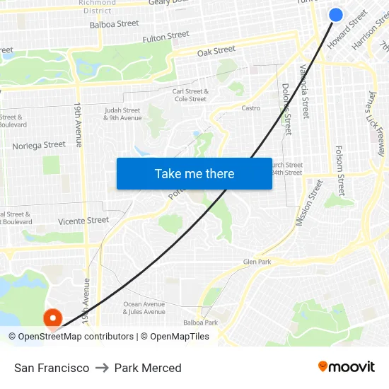 San Francisco to Park Merced map