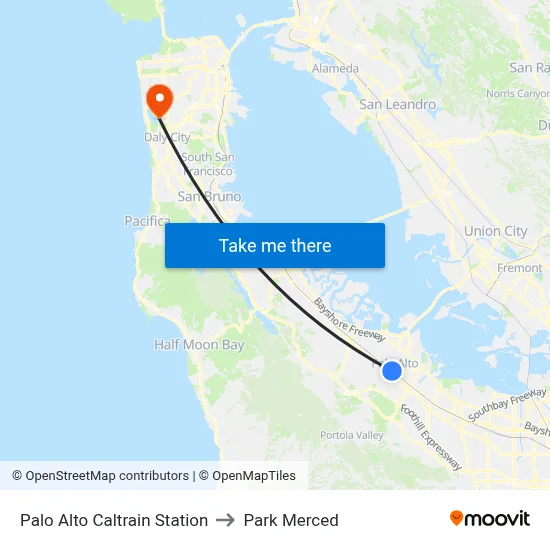 Palo Alto Caltrain Station to Park Merced map