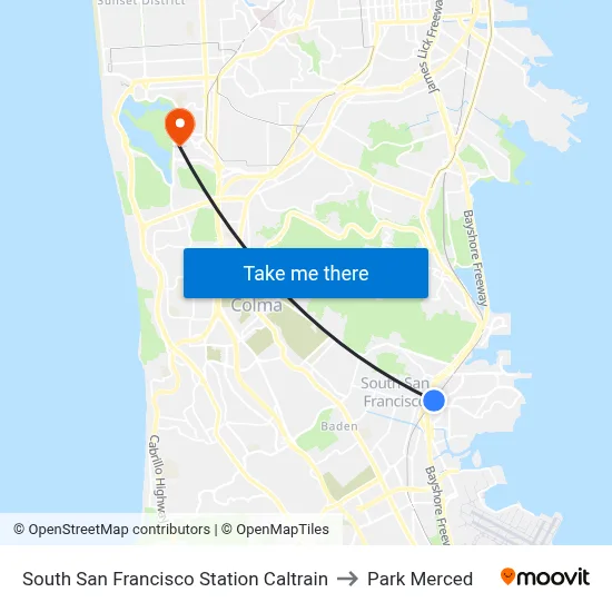 South San Francisco Station Caltrain to Park Merced map