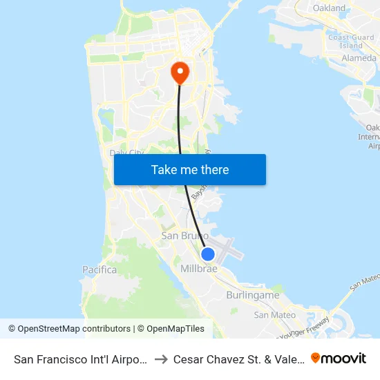 San Francisco Int'l Airport (SFO) to Cesar Chavez St. & Valencia St. map