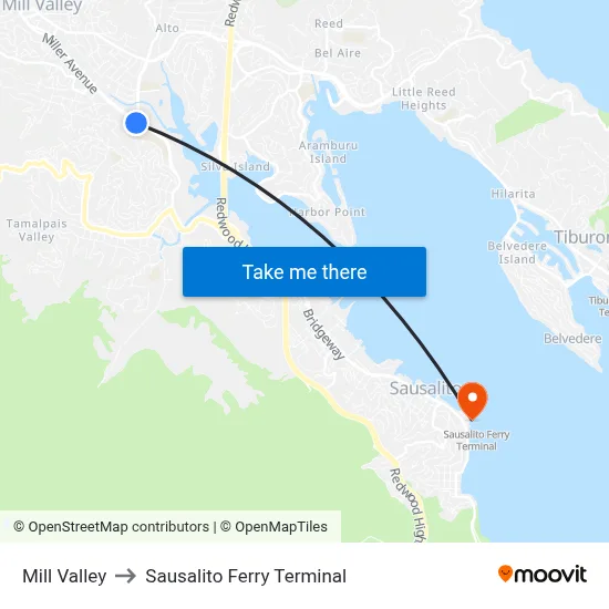 Mill Valley to Sausalito Ferry Terminal map