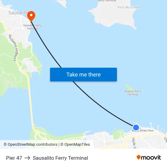 Pier 47 to Sausalito Ferry Terminal map
