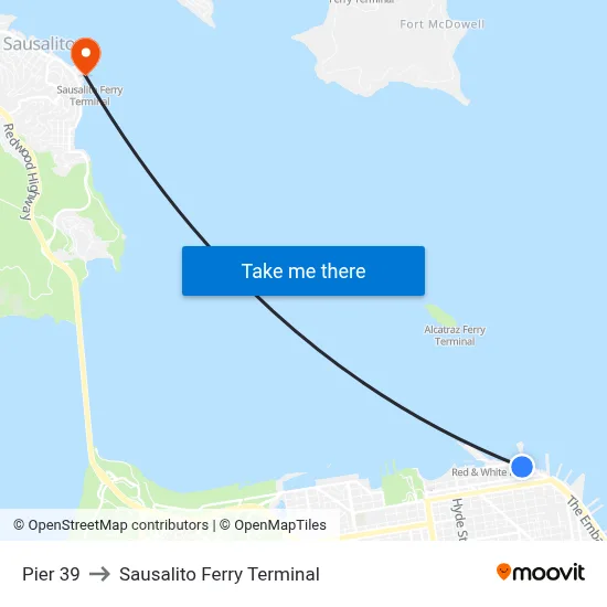 Pier 39 to Sausalito Ferry Terminal map